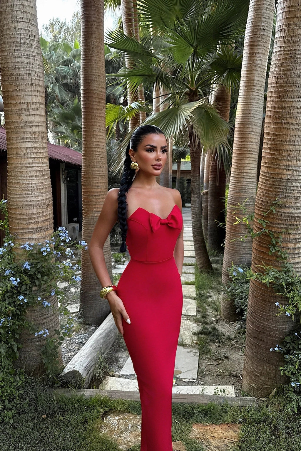 RED BOW DETAIL STRAPLESS MAXI DRESS