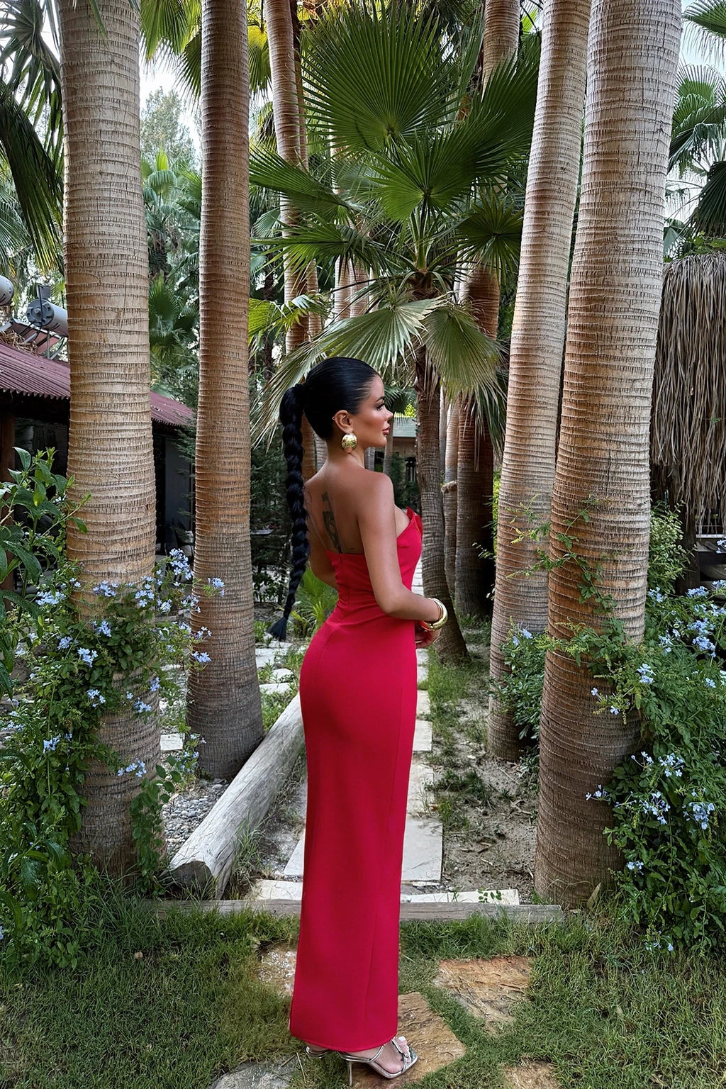 RED BOW DETAIL STRAPLESS MAXI DRESS