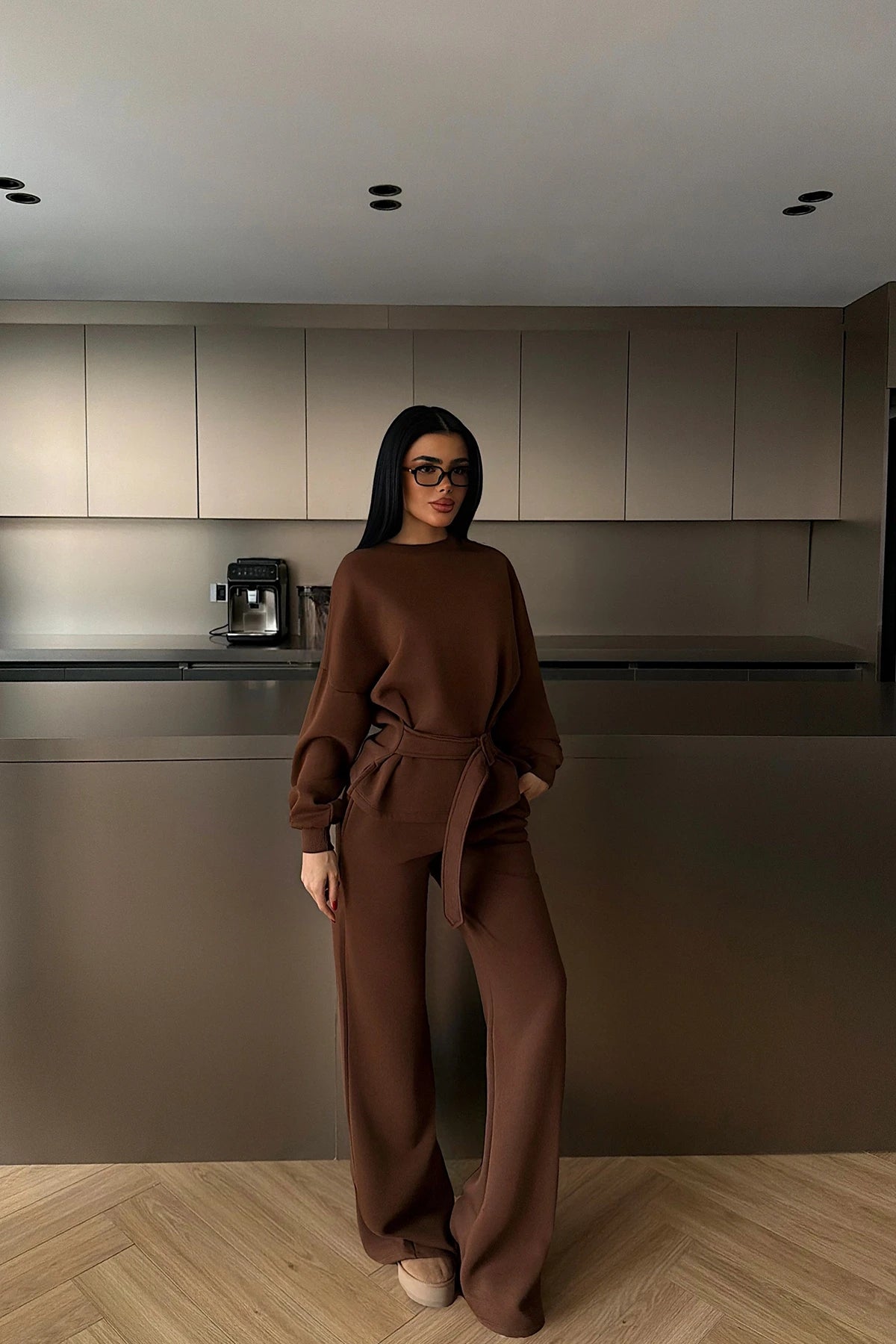 BROWN BELT DETAIL TROUSER SET