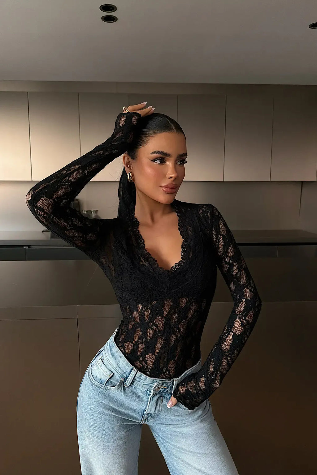 BLACK LACE TRANSPARENT BLOUSE