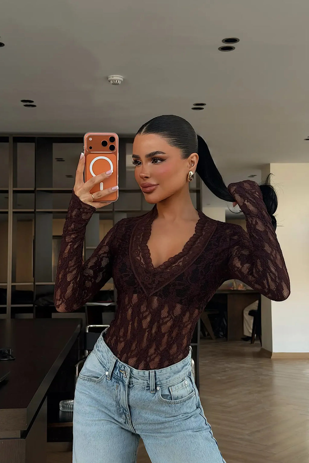 BURGUNDY LACE TRANSPARENT BLOUSE