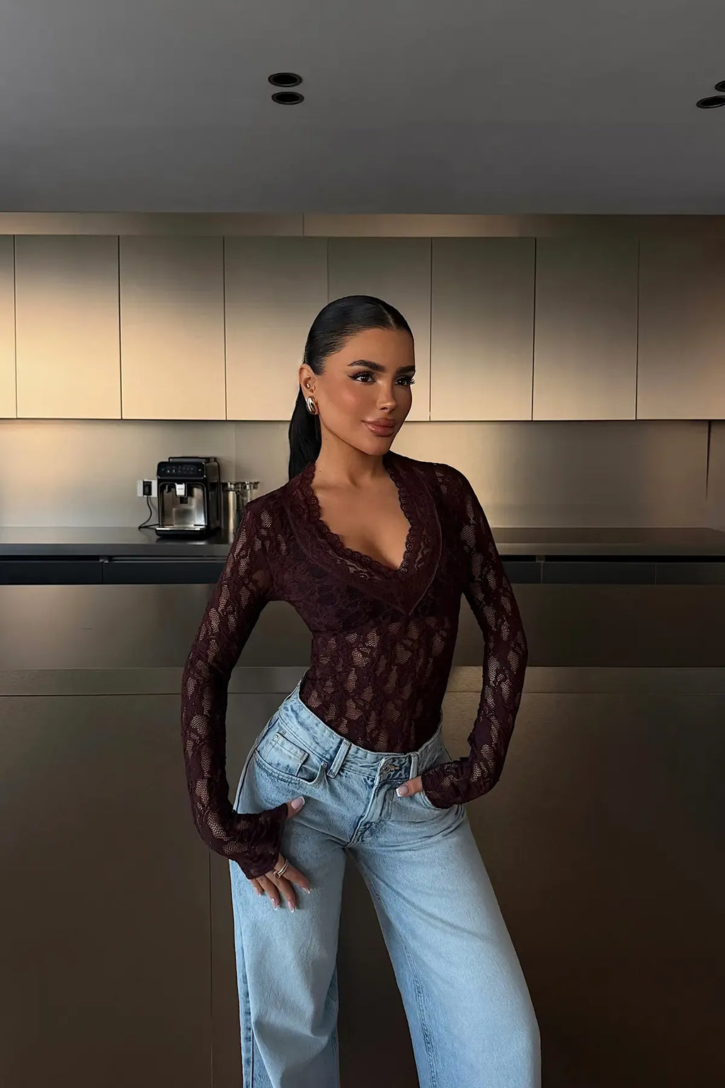 BURGUNDY LACE TRANSPARENT BLOUSE