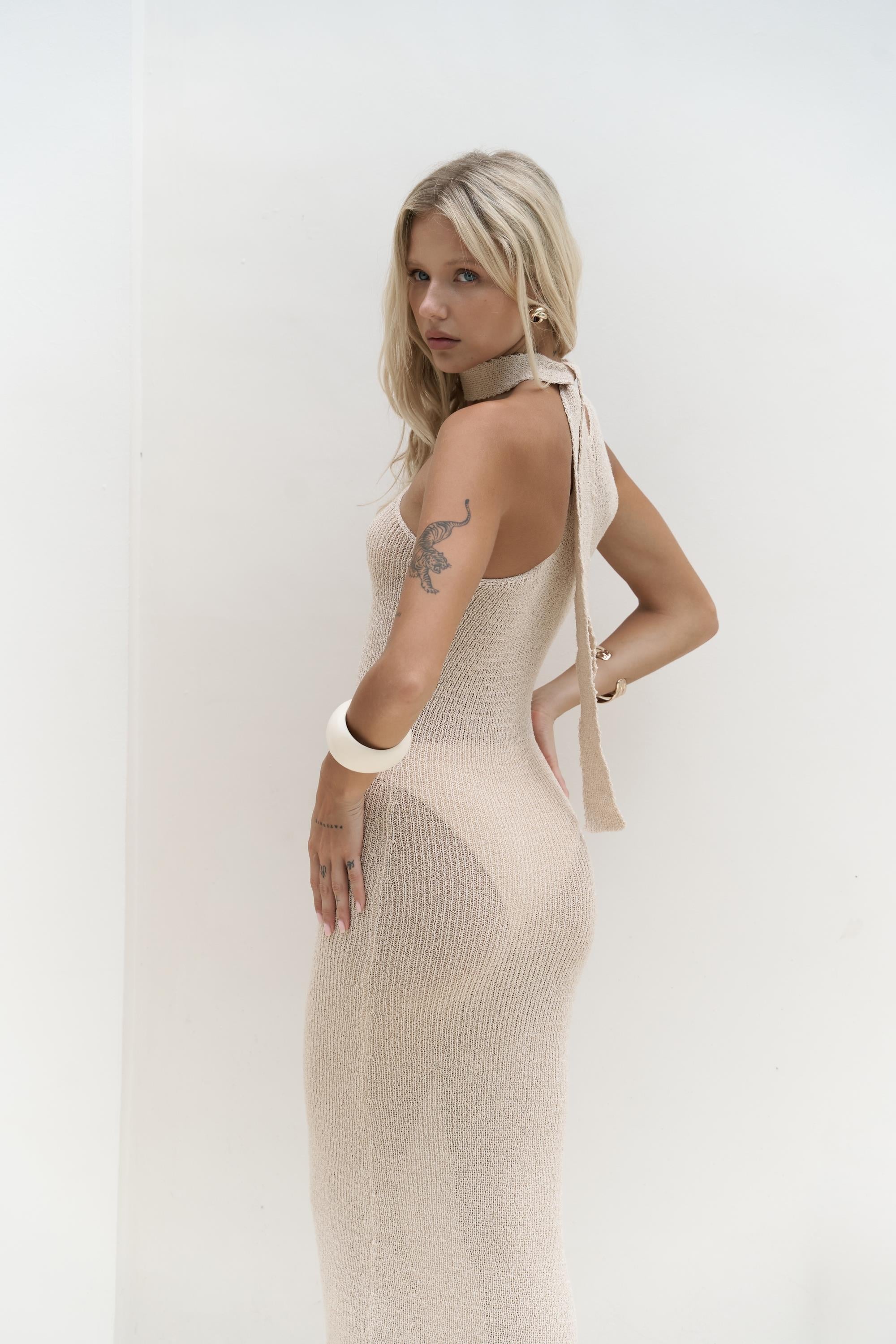 BEIGE ONE SHOULDER BODYCON MAXI DRESS