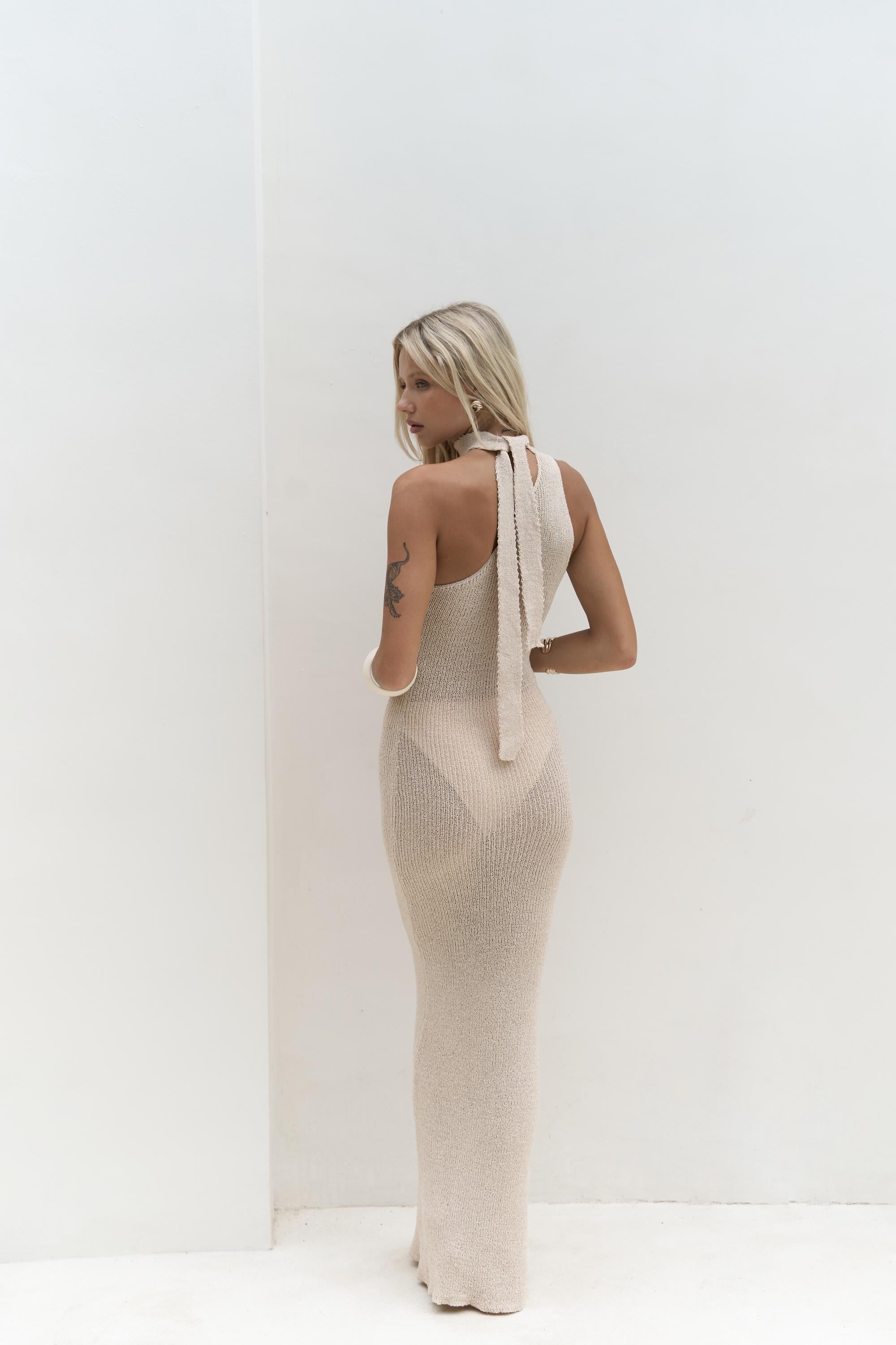 BEIGE ONE SHOULDER BODYCON MAXI DRESS