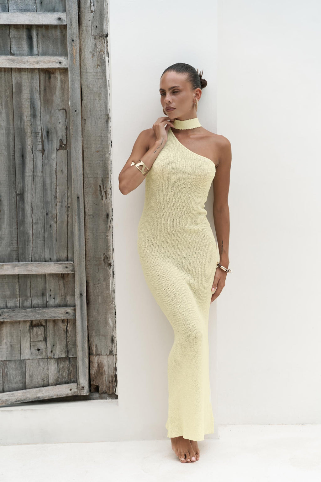YELLOW ONE SHOULDER BODYCON MAXI DRESS