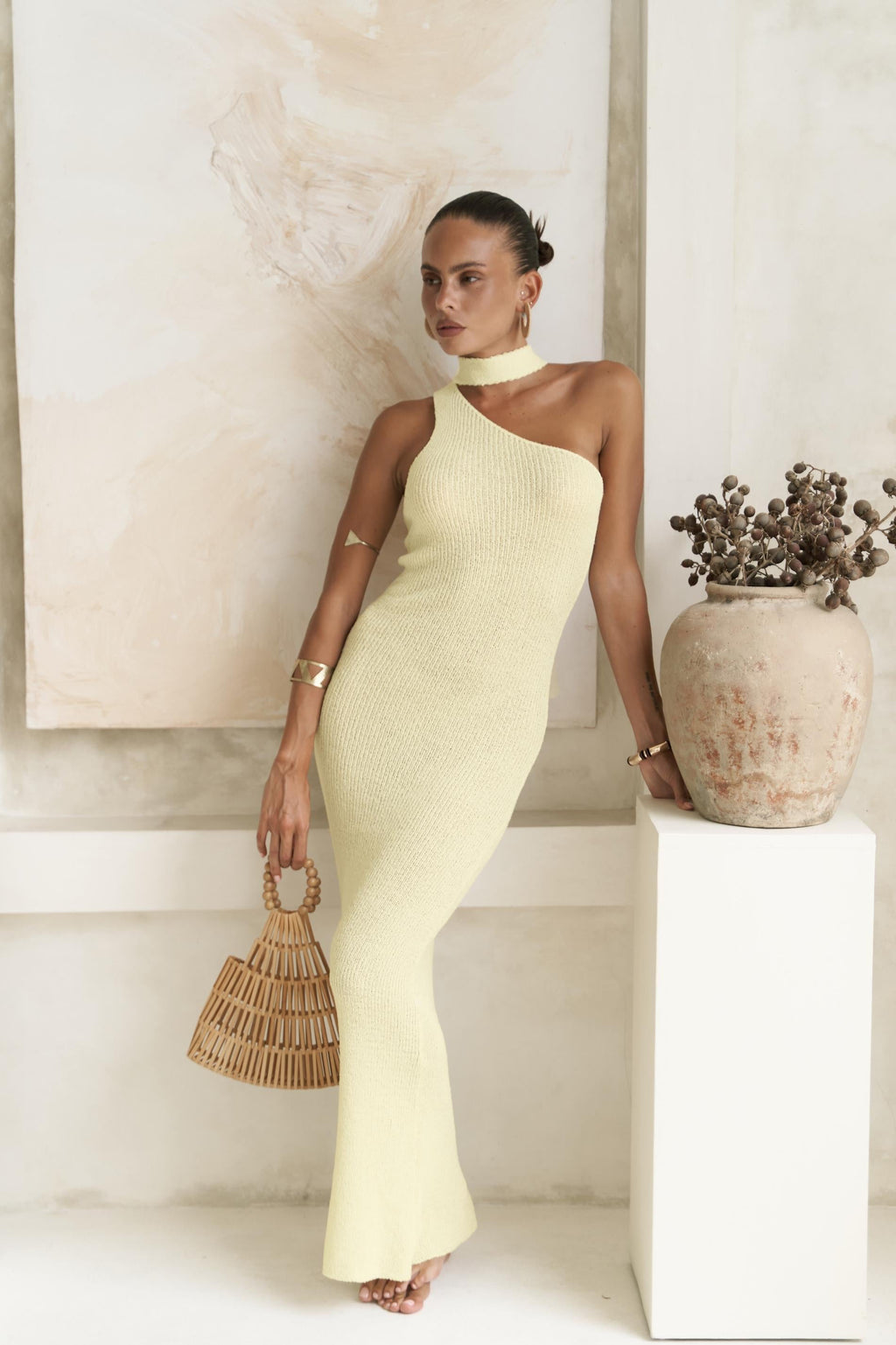 YELLOW ONE SHOULDER BODYCON MAXI DRESS