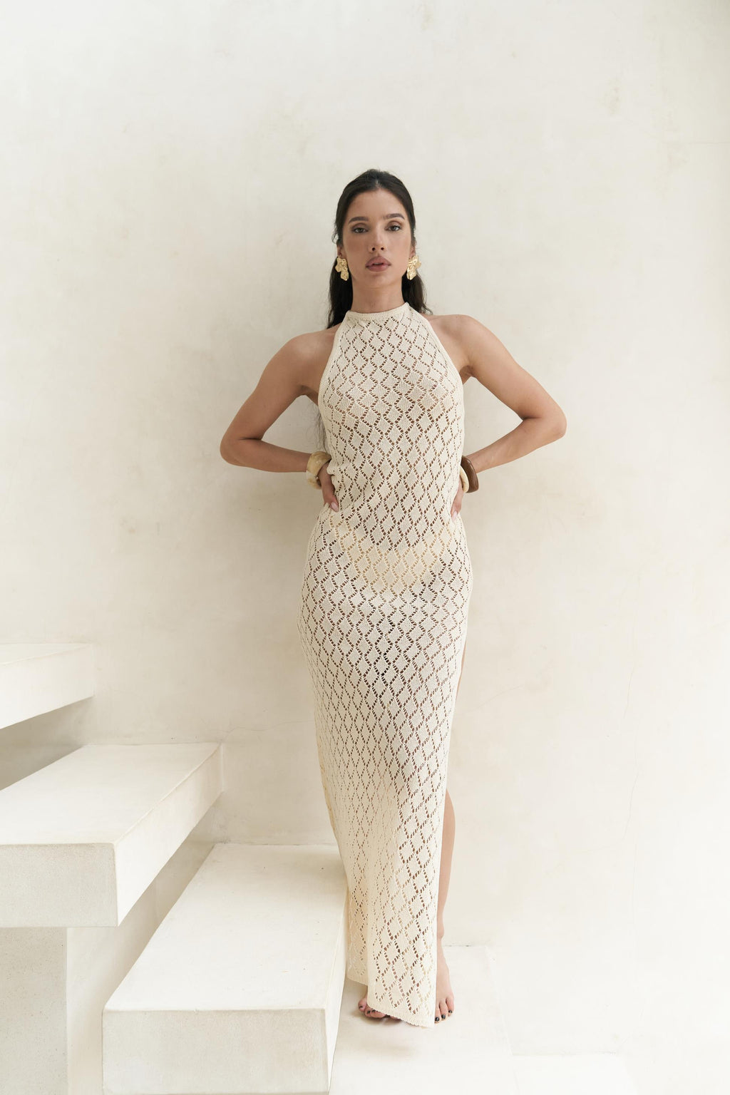 BEIGE BACK HALTER KNIT MAXI DRESS