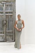 GRAY BACK HALTER KNIT MAXI DRESS