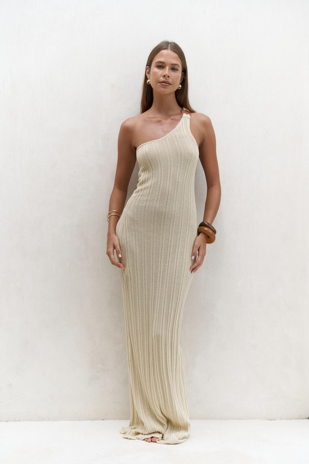 BEIGE ASYMMETRIC RING DETAIL KNIT MAXI DRESS