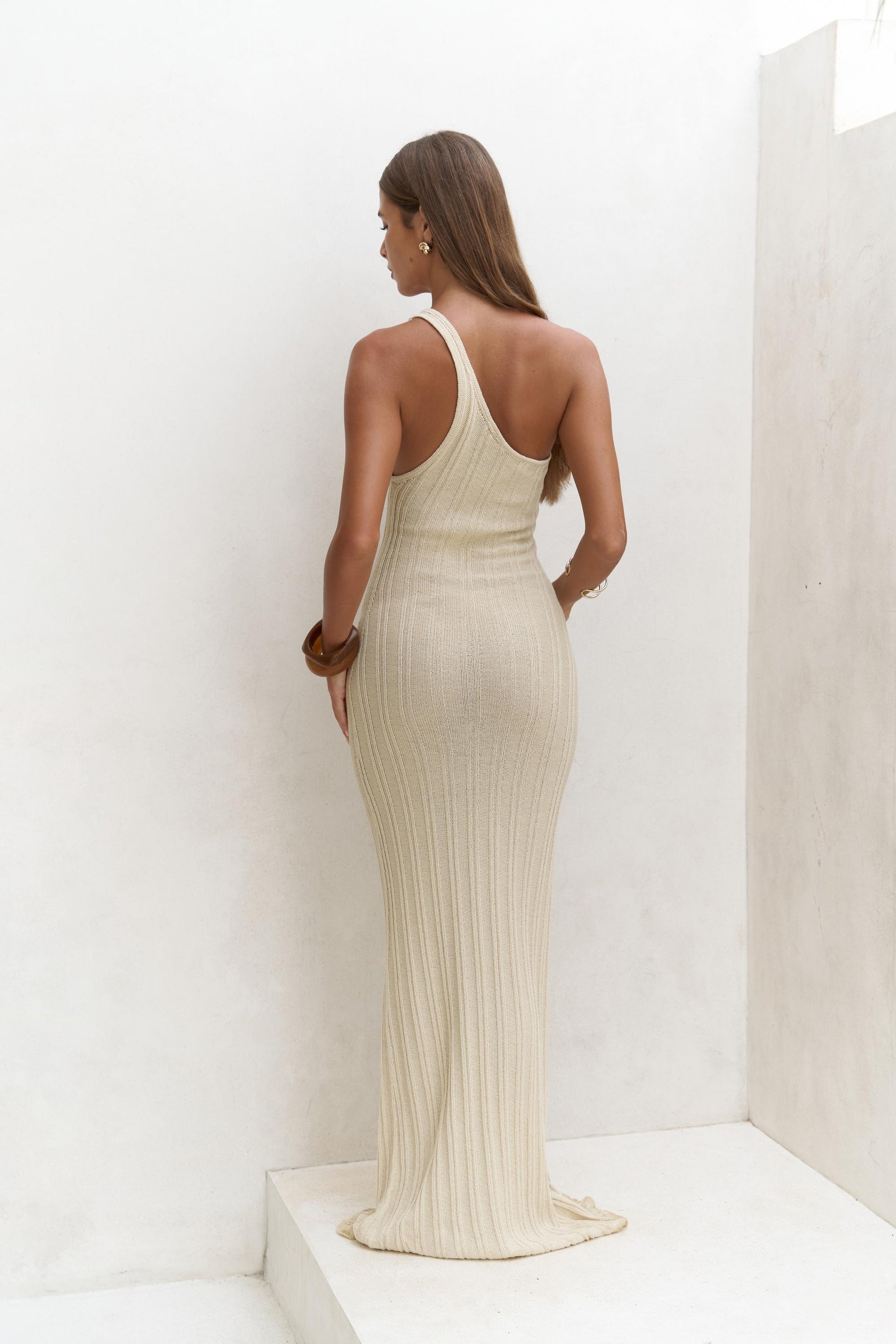 BEIGE ASYMMETRIC RING DETAIL KNIT MAXI DRESS
