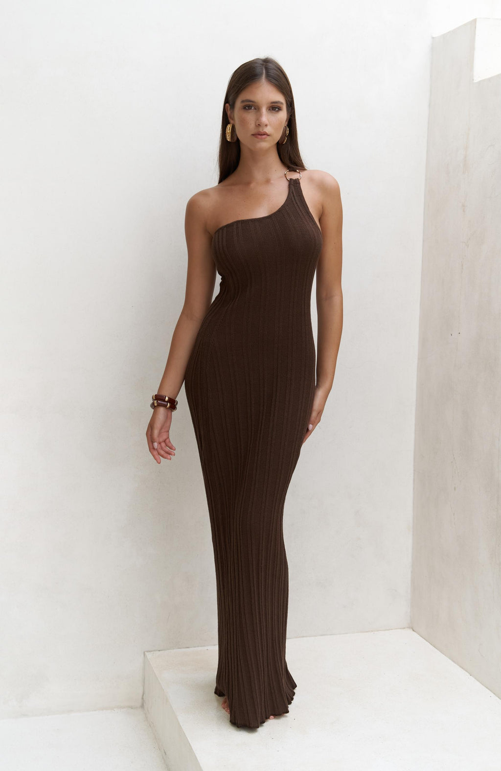 BROWN ASYMMETRIC RING DETAIL KNIT MAXI DRESS