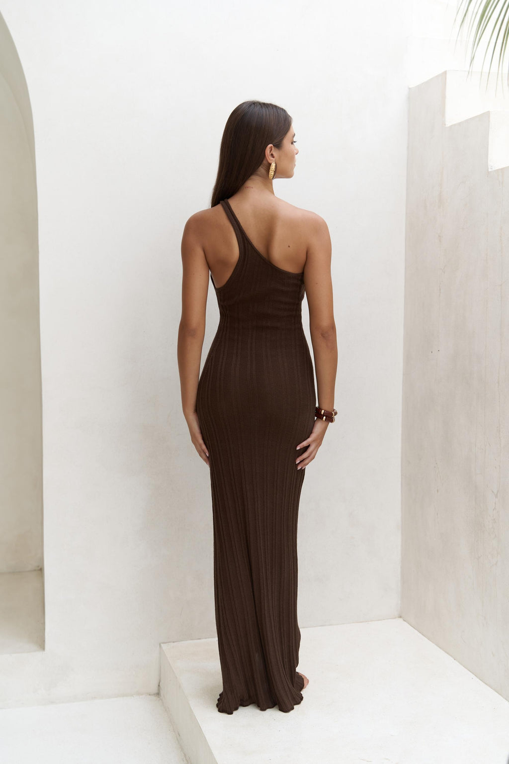 BROWN ASYMMETRIC RING DETAIL KNIT MAXI DRESS
