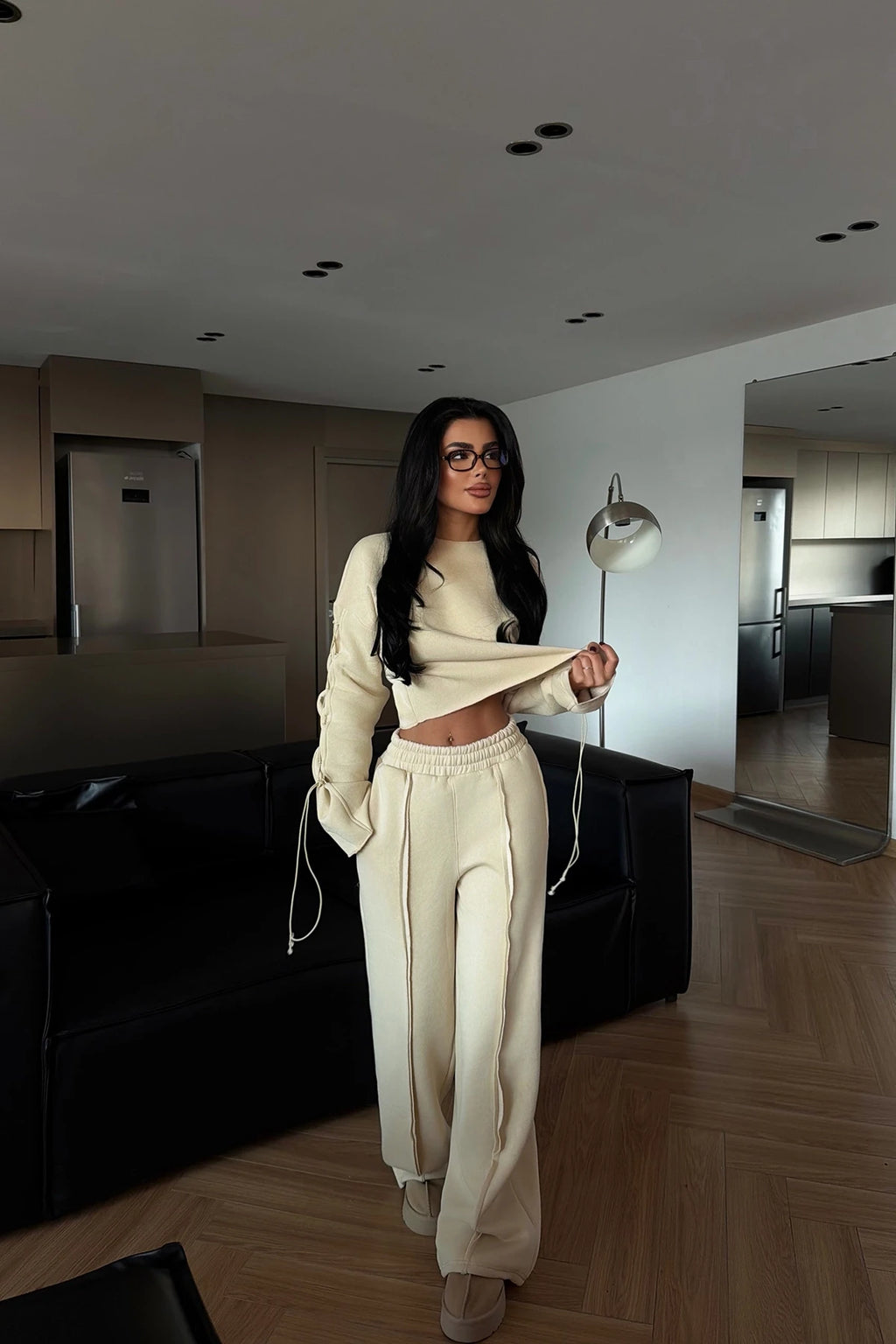 CREAM STITCHED DETAIL TWO-PIECE SUIT