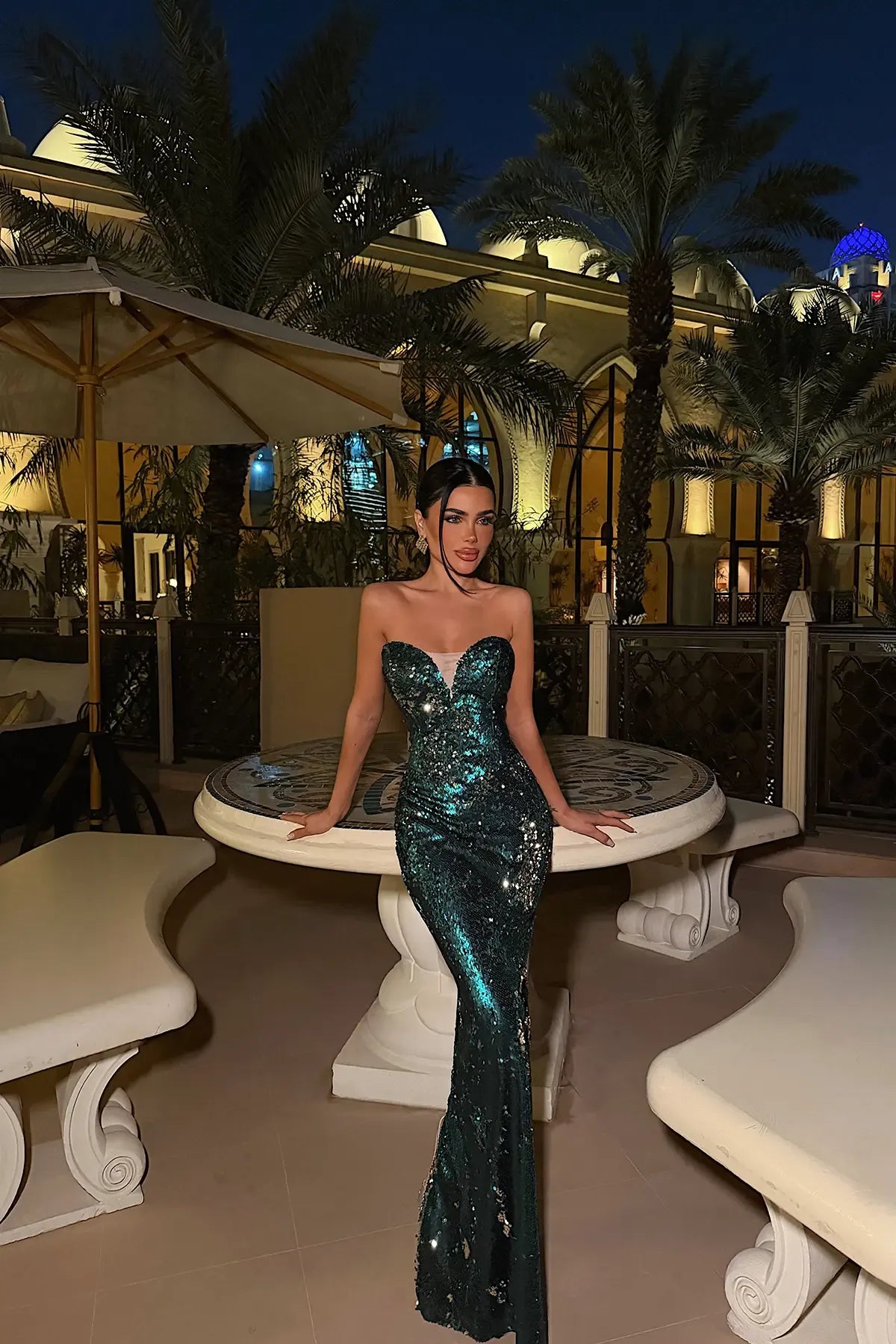 GREEN EVENING STRAPLESS DRESS