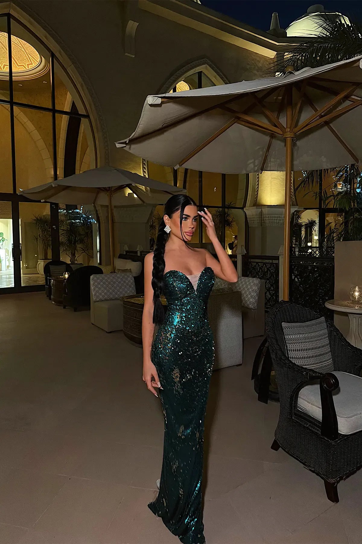 GREEN EVENING STRAPLESS DRESS