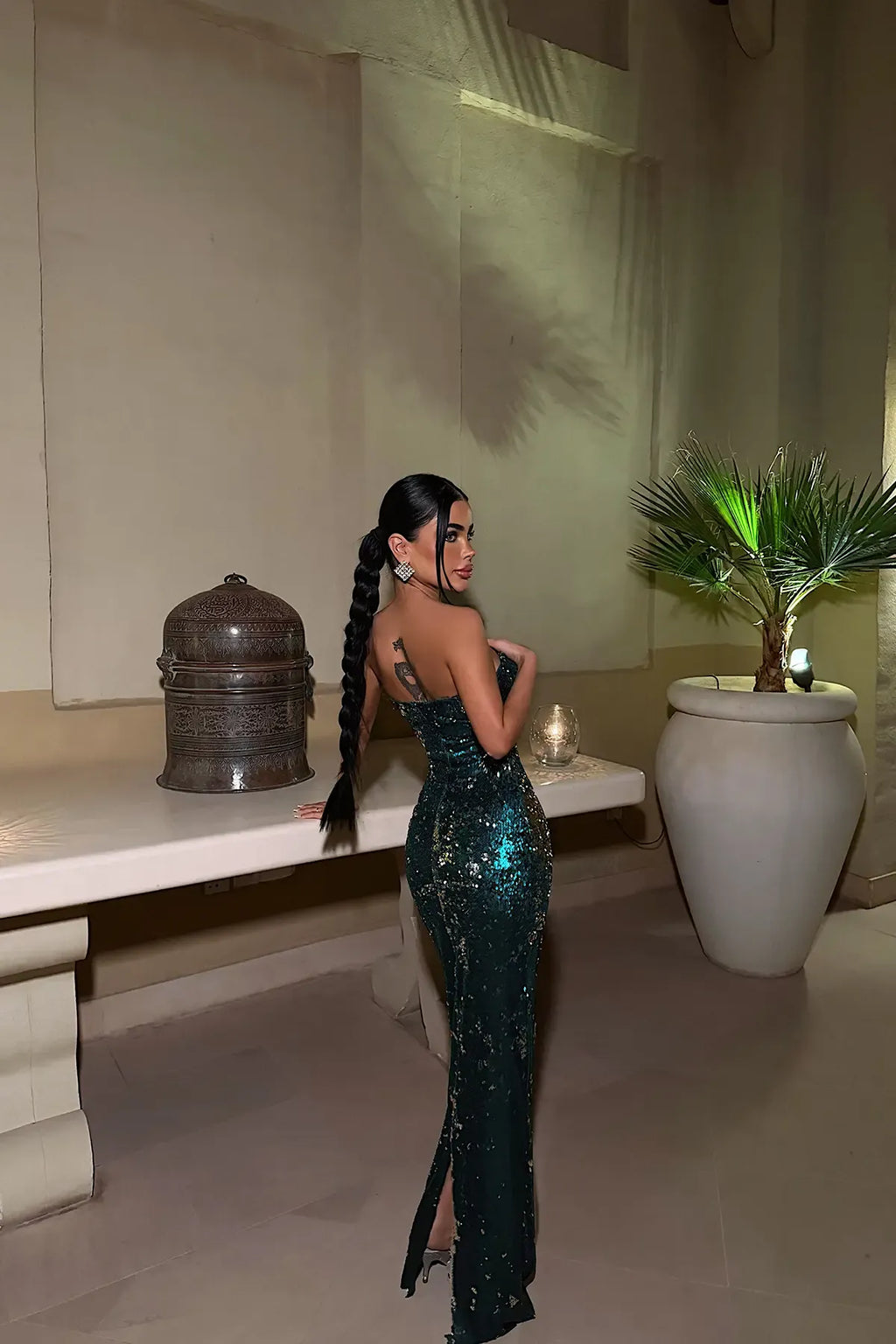 GREEN EVENING STRAPLESS DRESS