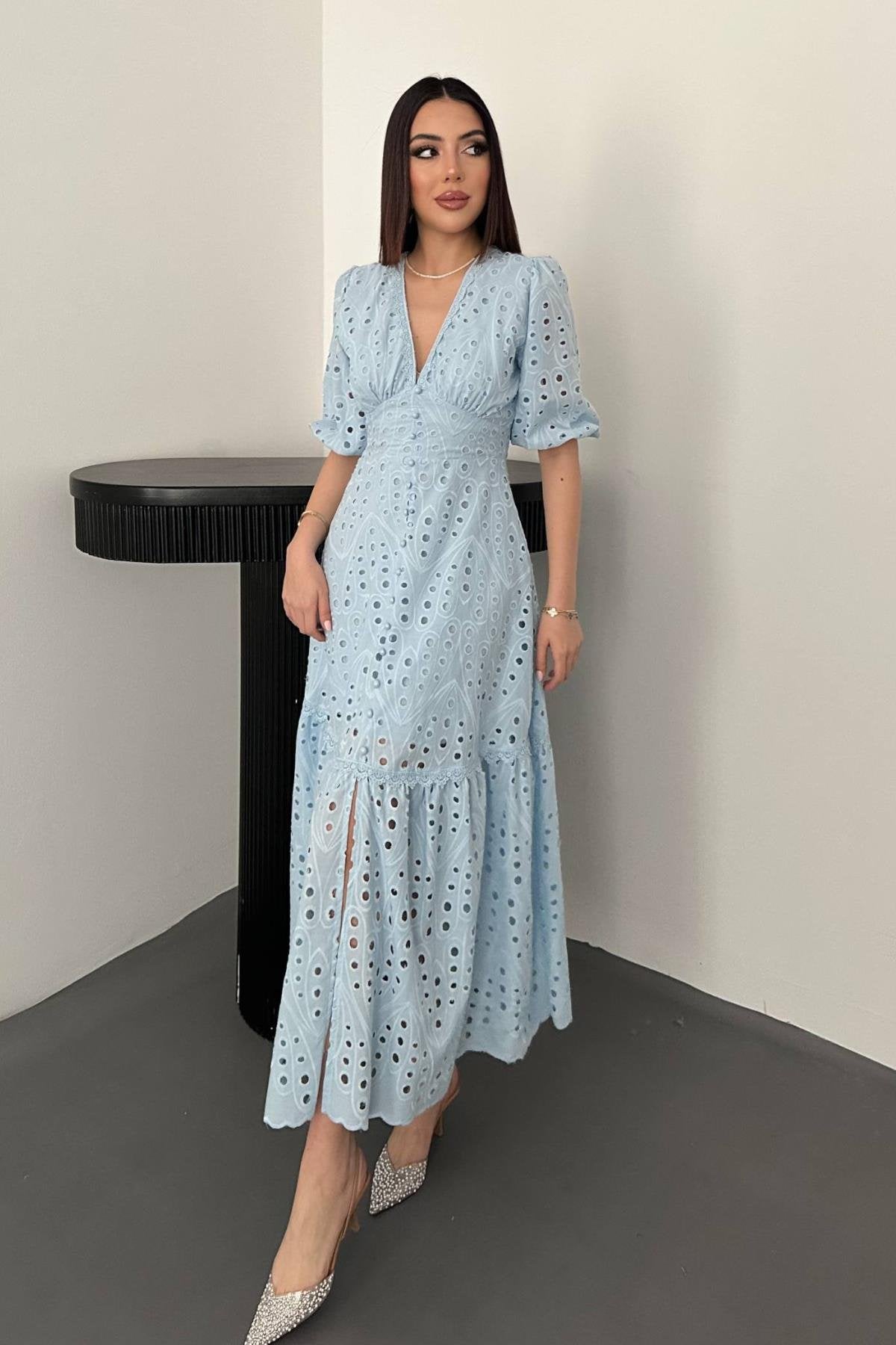 BABY BLUE LACE EMBROIDERED MAXI DRESS