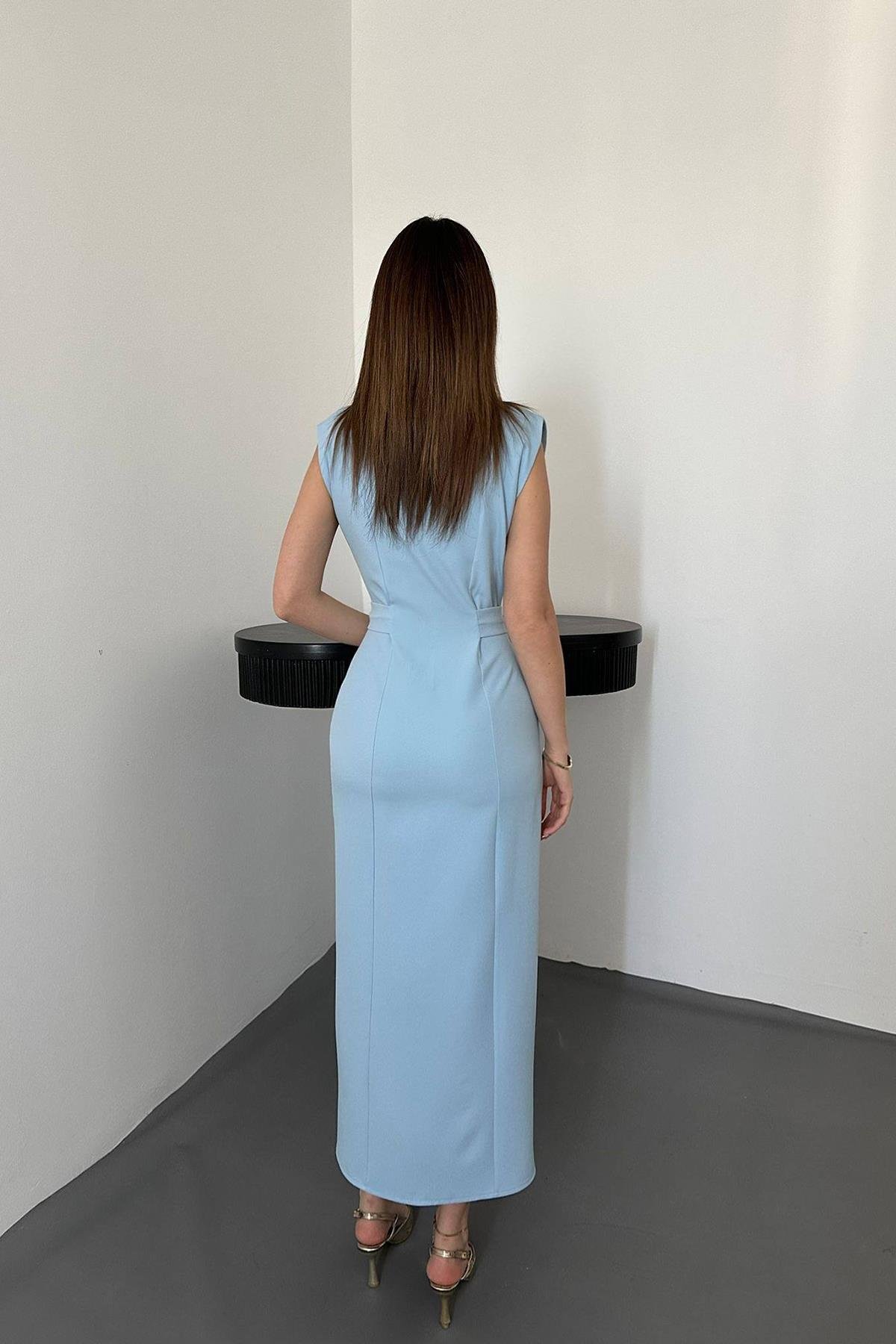 BABY BLUE SATIN DRESS WITH BELT