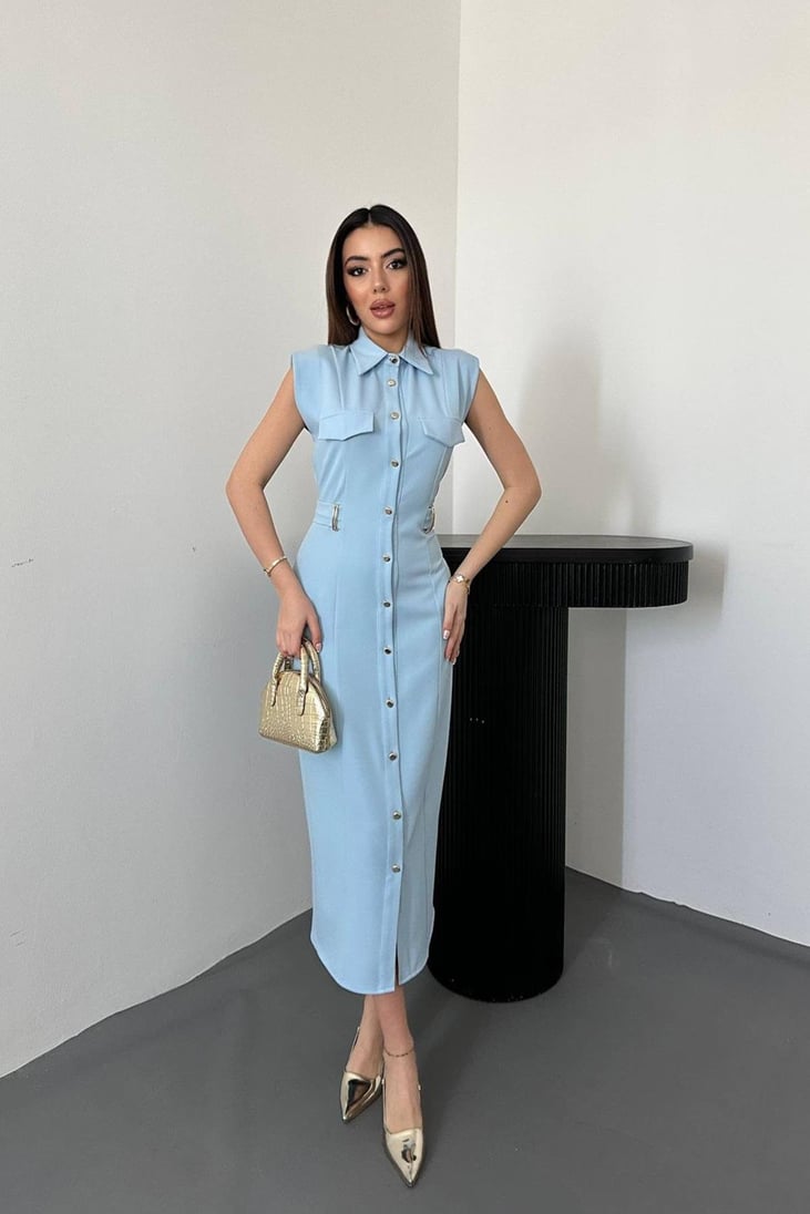 BABY BLUE SATIN DRESS WITH BELT