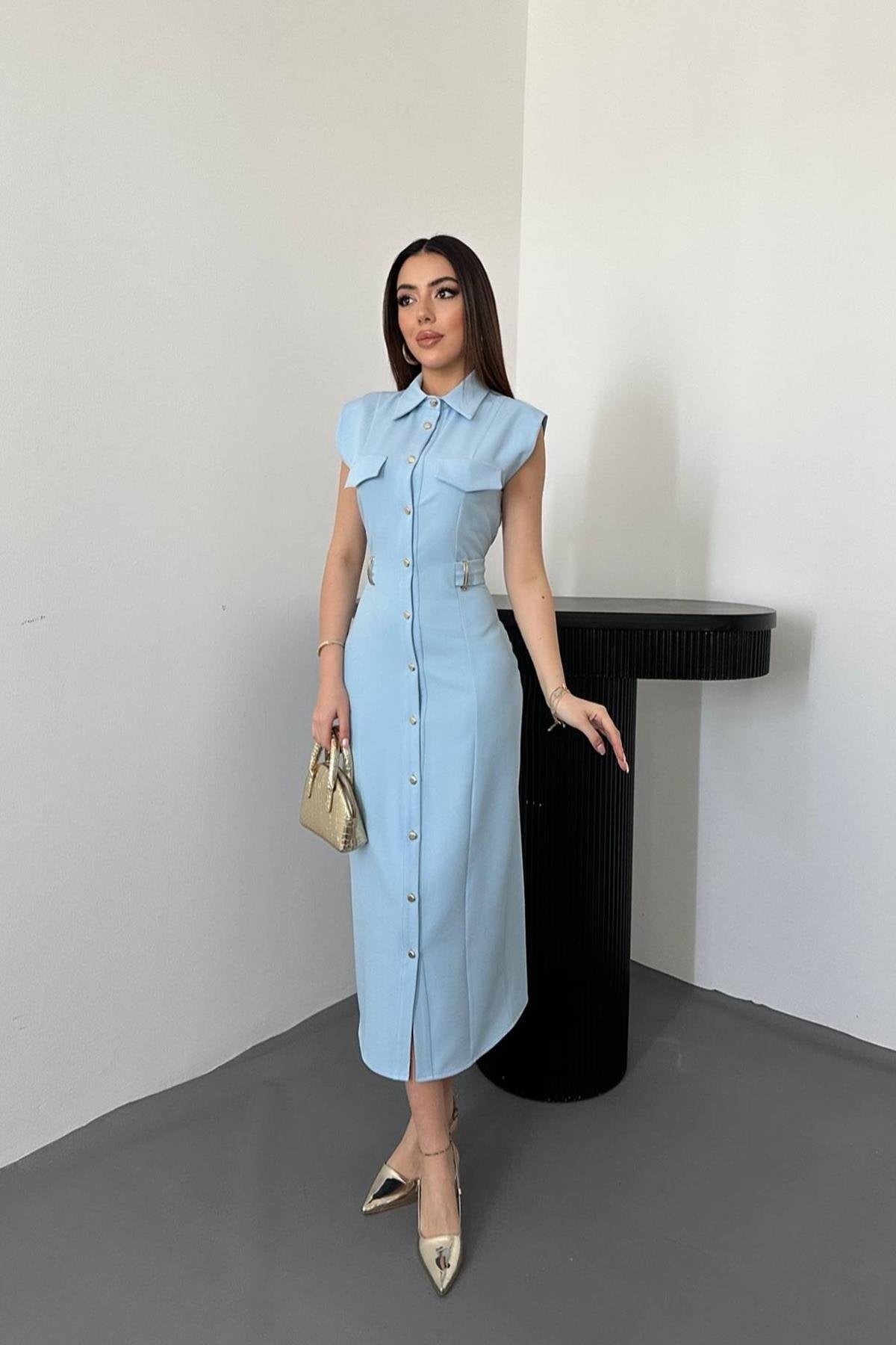BABY BLUE SATIN DRESS WITH BELT