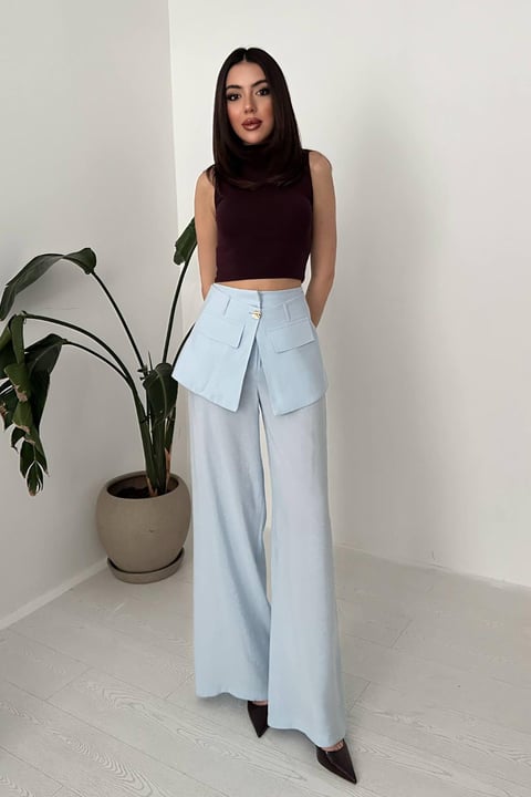 BABY BLUE HIGH-WAIST TROUSERS WITH FLAP