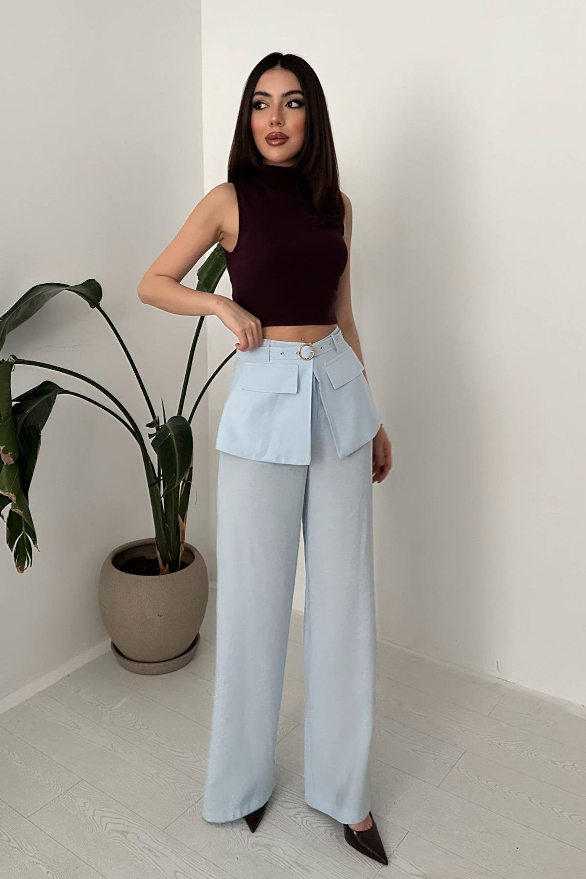 BABY BLUE HIGH-WAIST TROUSERS WITH FLAP
