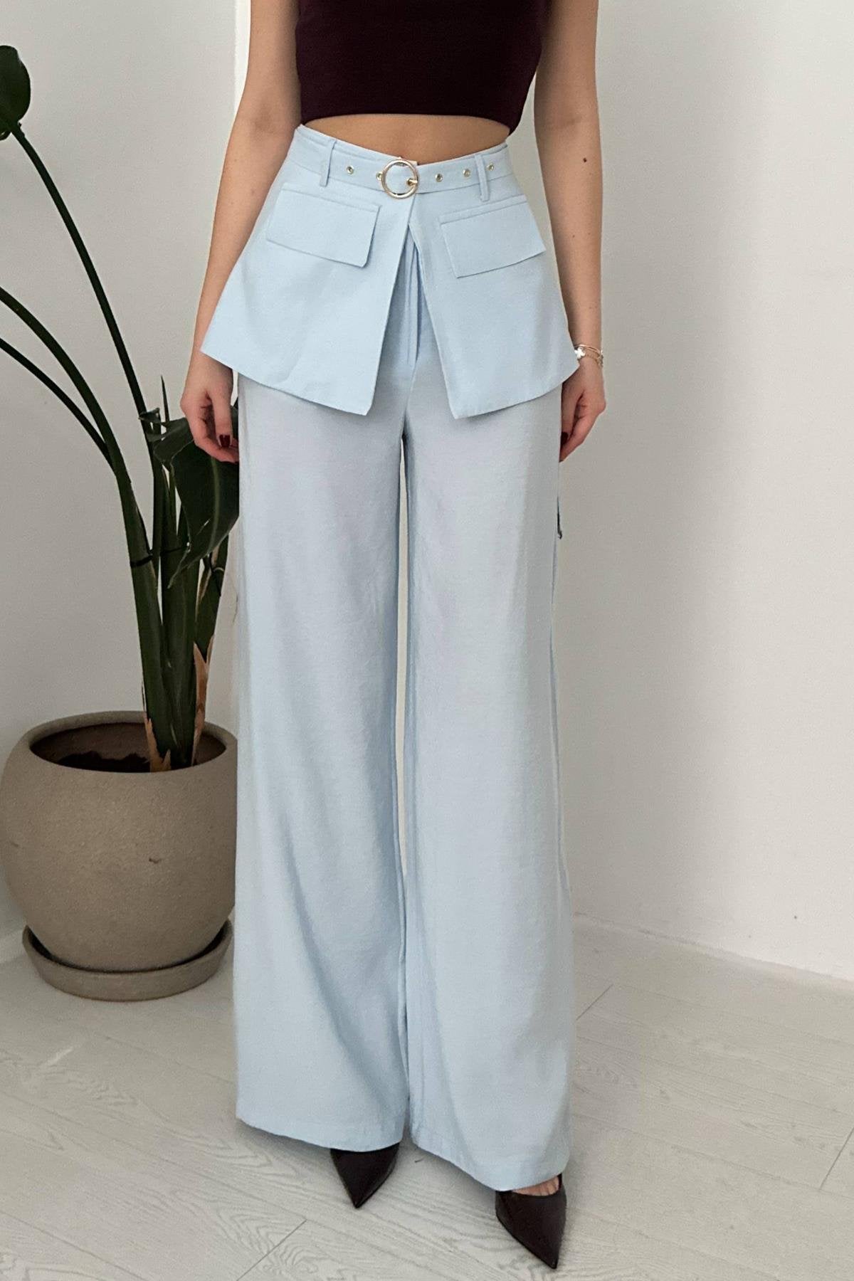 BABY BLUE HIGH-WAIST TROUSERS WITH FLAP