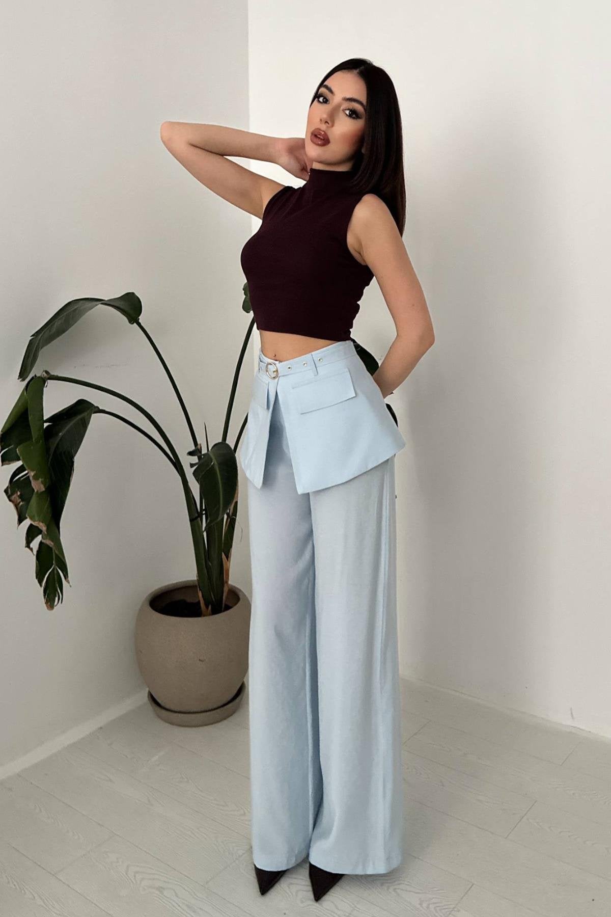 BABY BLUE HIGH-WAIST TROUSERS WITH FLAP