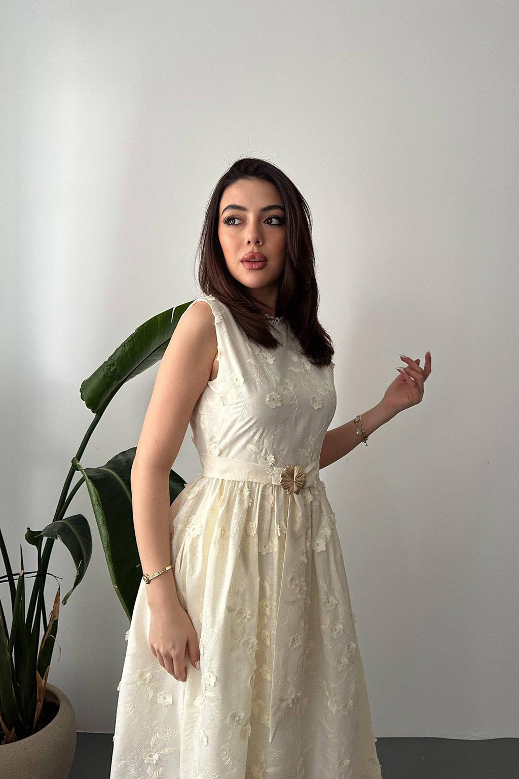 BEIGE 3D EMBROIDERED MAXI DRESS