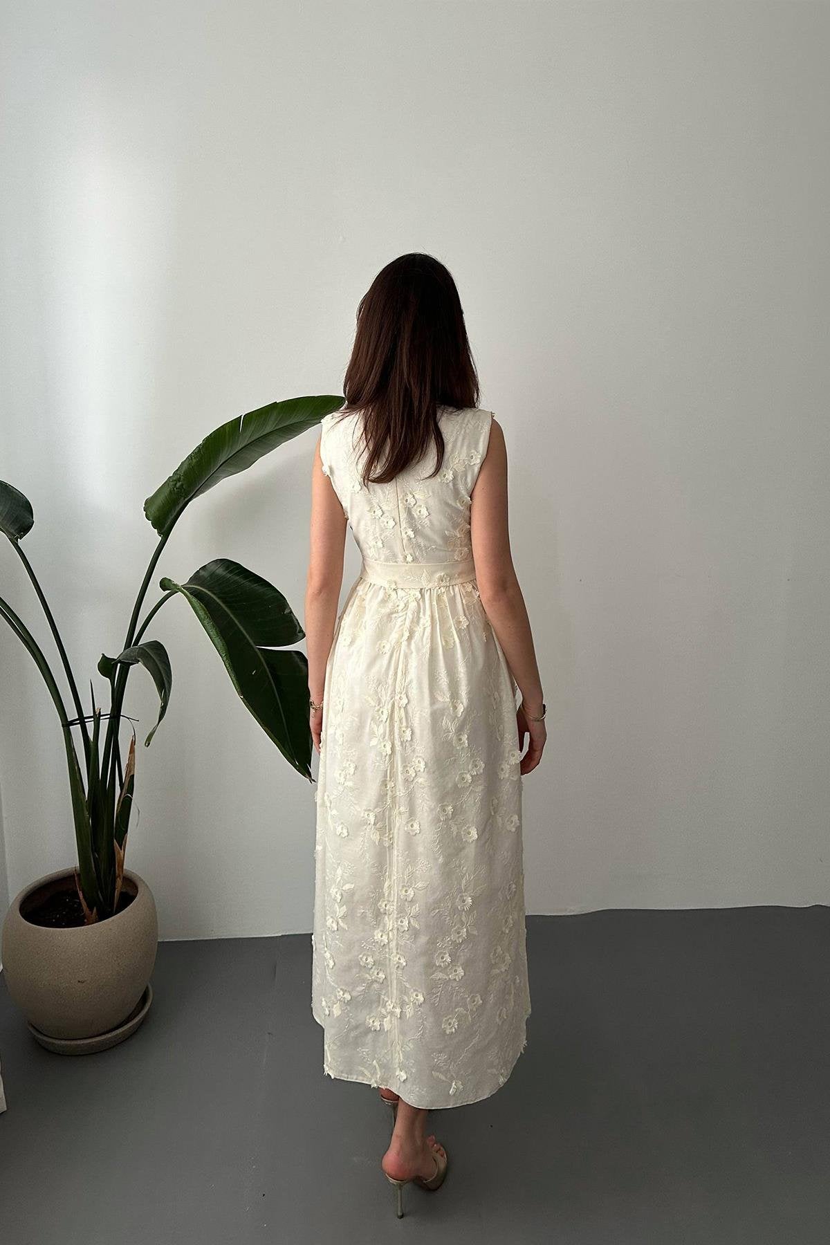 BEIGE 3D EMBROIDERED MAXI DRESS