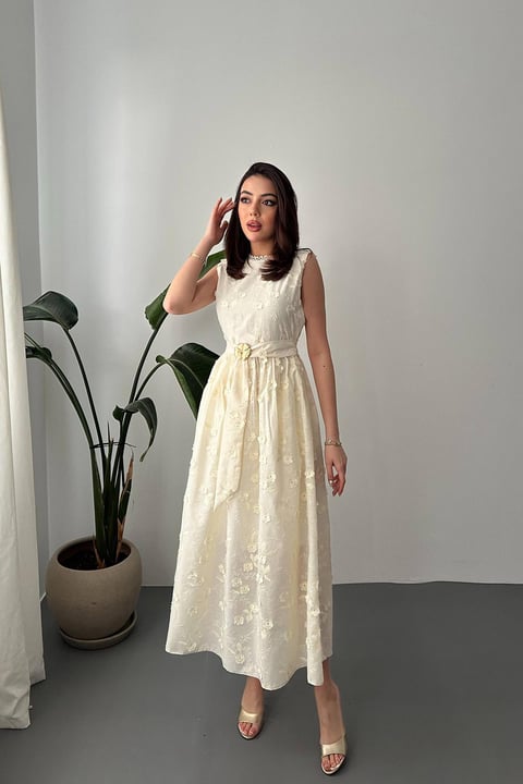 BEIGE 3D EMBROIDERED MAXI DRESS