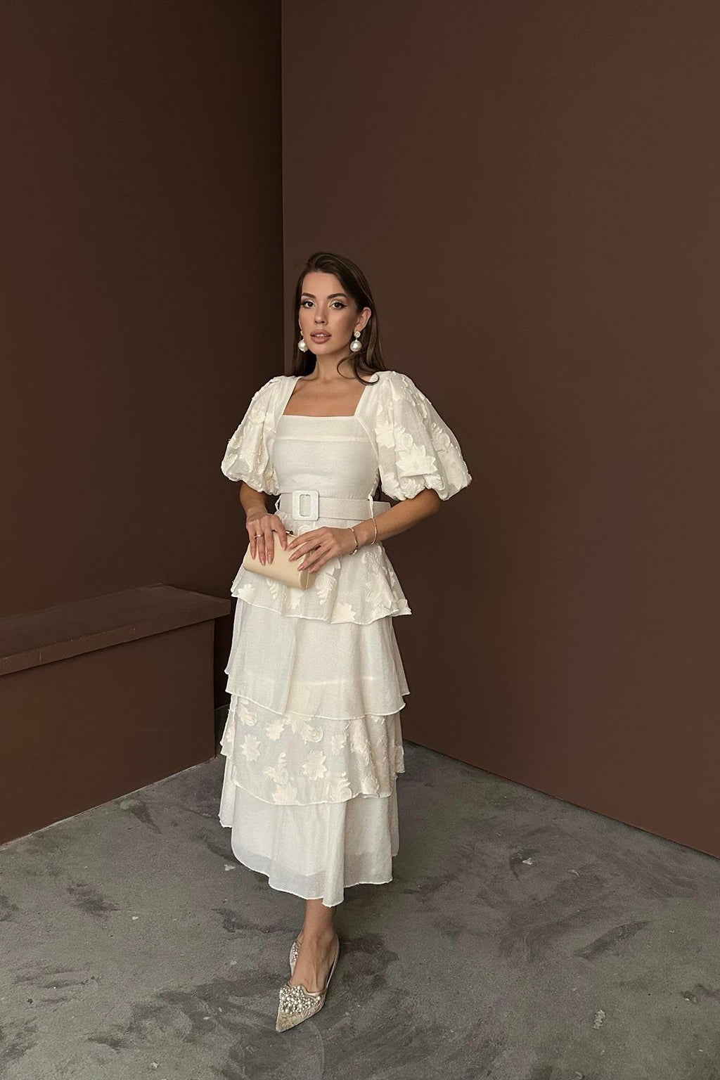 BEIGE BALLOON SLEEVE LAYERED MAXI DRESS