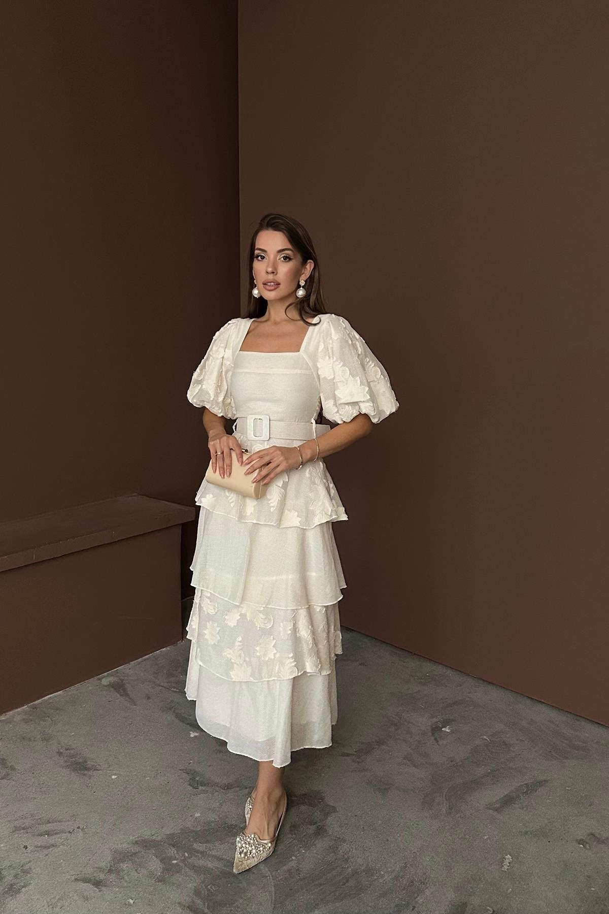 BEIGE BALLOON SLEEVE LAYERED MAXI DRESS