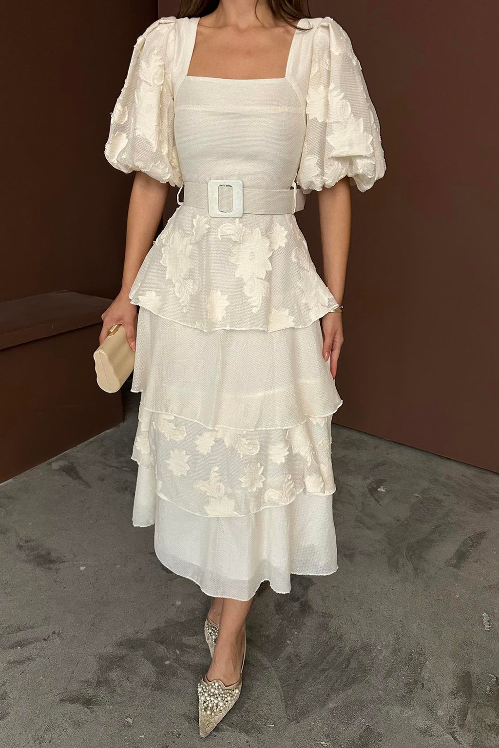 BEIGE BALLOON SLEEVE LAYERED MAXI DRESS