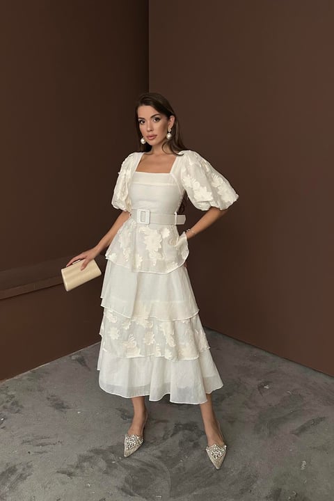 BEIGE BALLOON SLEEVE LAYERED MAXI DRESS