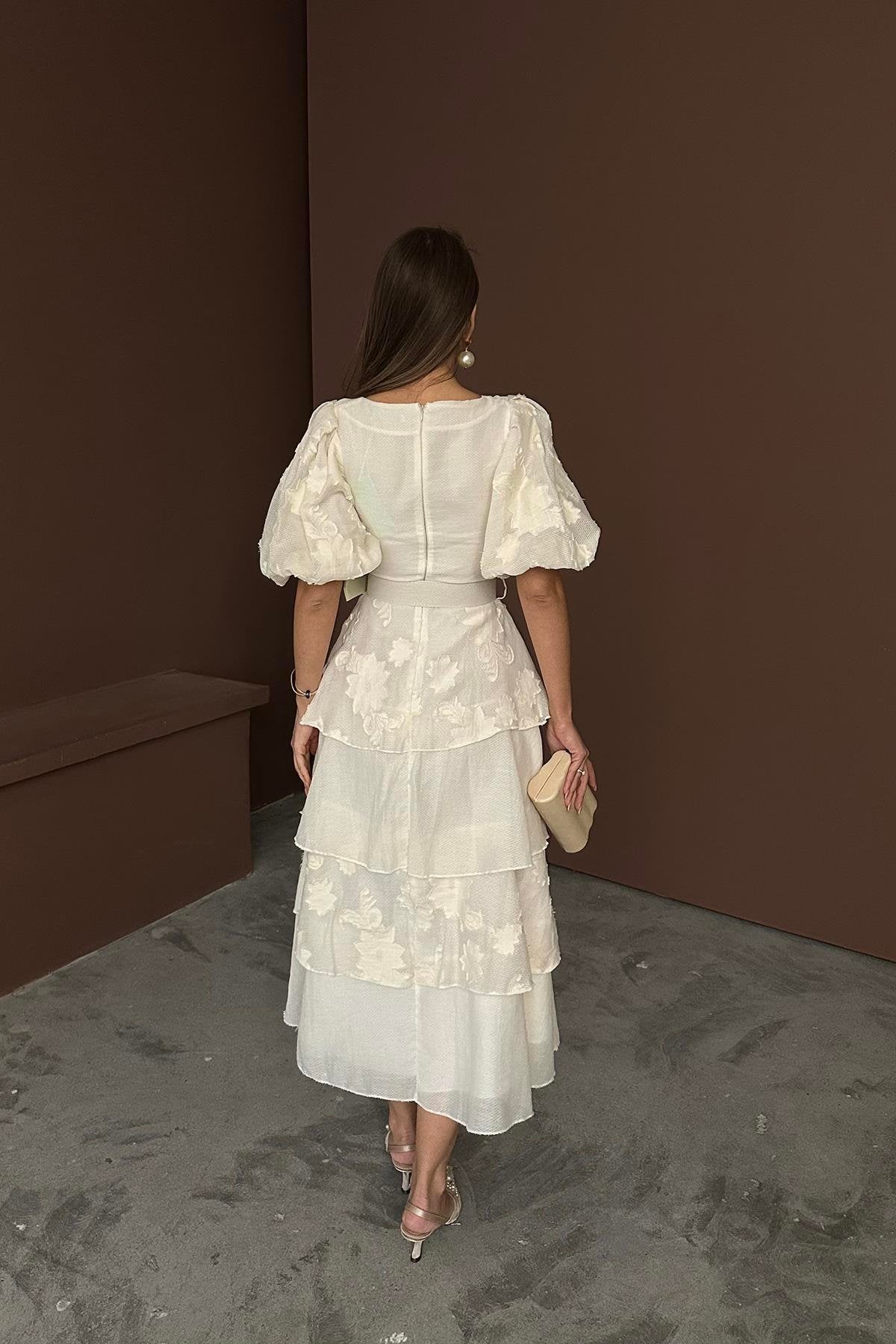 BEIGE BALLOON SLEEVE LAYERED MAXI DRESS
