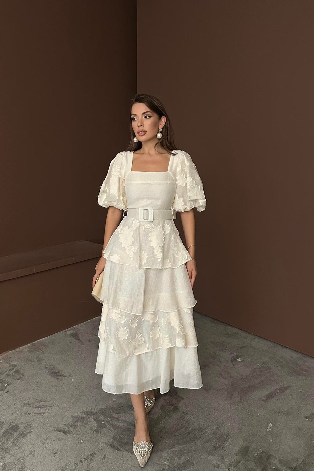 BEIGE BALLOON SLEEVE LAYERED MAXI DRESS