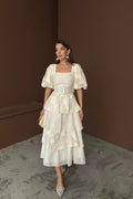BEIGE BALLOON SLEEVE LAYERED MAXI DRESS