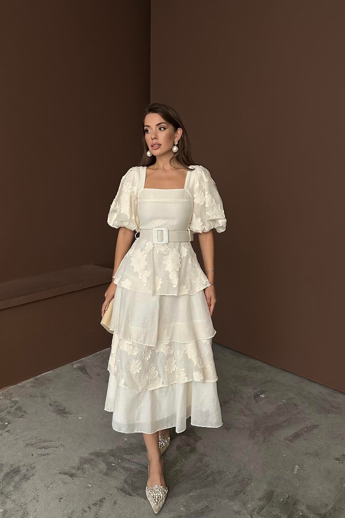 BEIGE BALLOON SLEEVE LAYERED MAXI DRESS