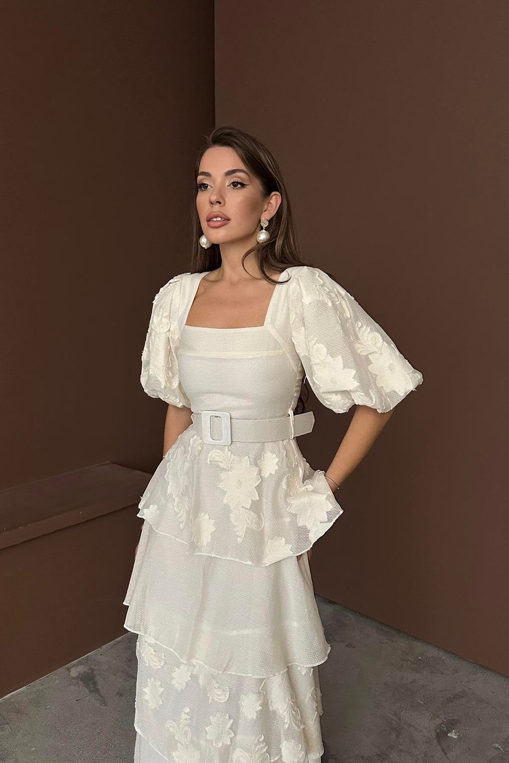 BEIGE BALLOON SLEEVE LAYERED MAXI DRESS