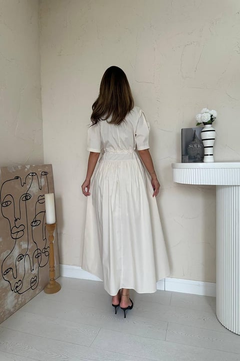 BEIGE TUNNEL DETAIL POPLIN MIDI DRESS