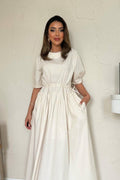 BEIGE TUNNEL DETAIL POPLIN MIDI DRESS