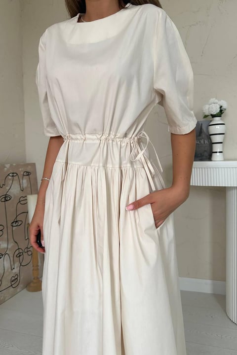 BEIGE TUNNEL DETAIL POPLIN MIDI DRESS