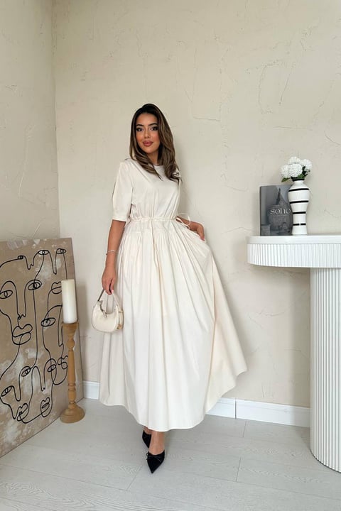 BEIGE TUNNEL DETAIL POPLIN MIDI DRESS