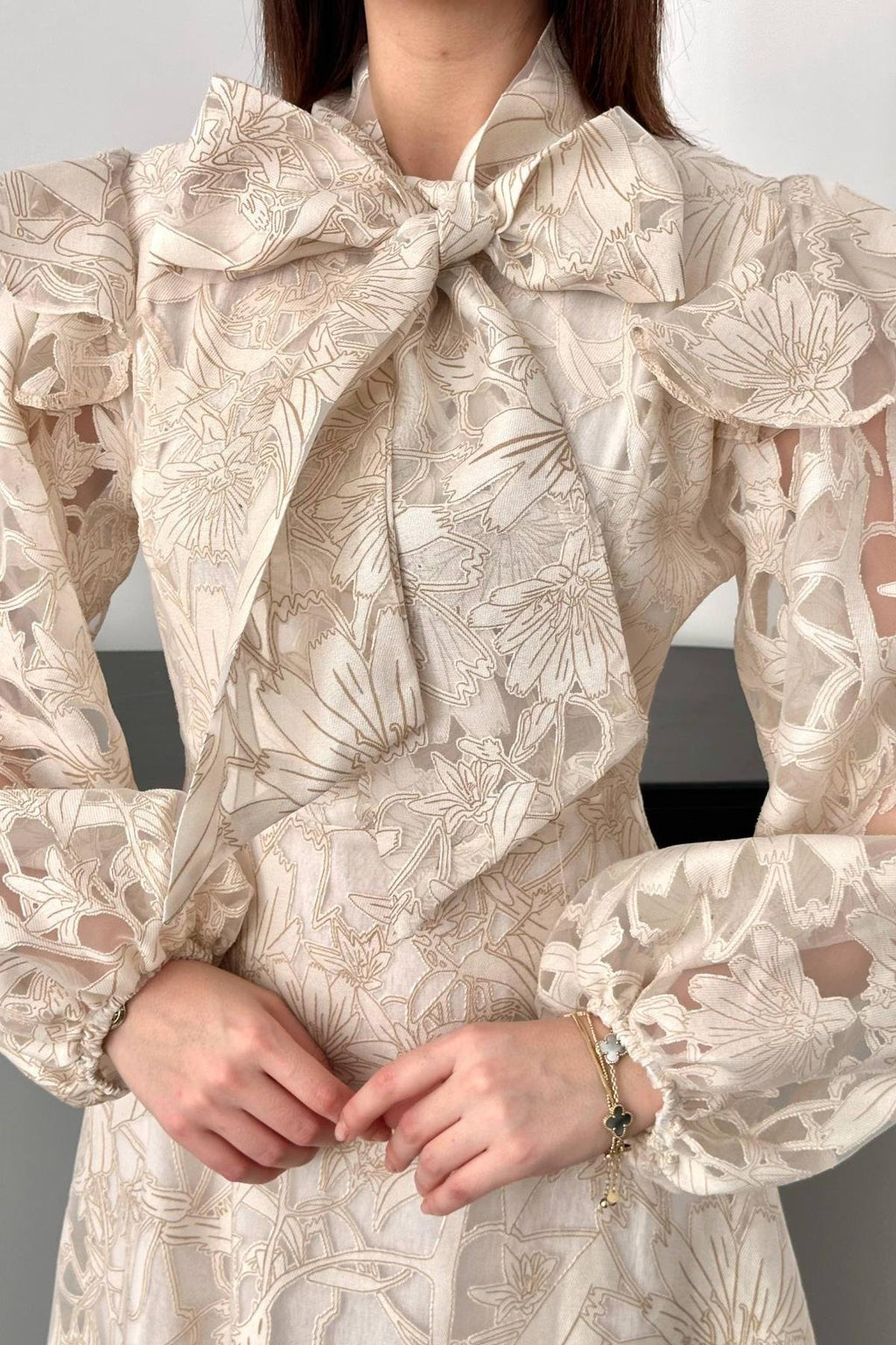 BEIGE COLLAR SCARF DETAIL MAXI DRESS