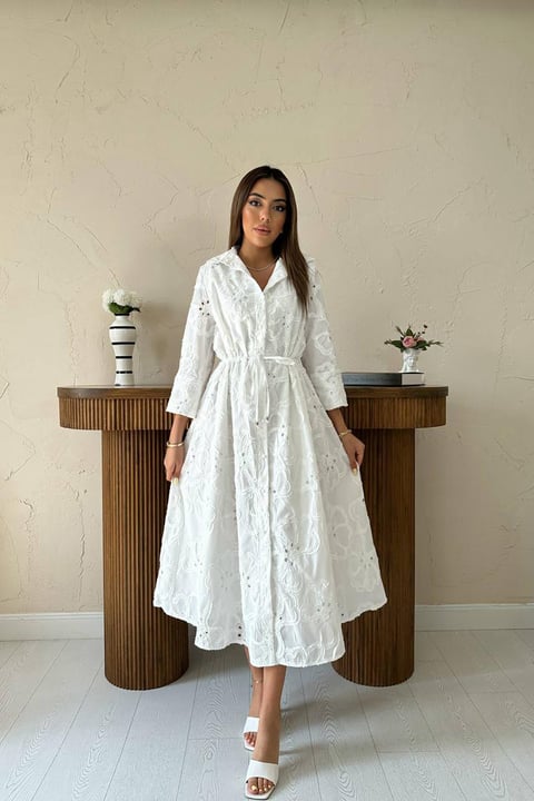 WHITE EMBROIDERED MAXI DRESS WITH WAIST TIE