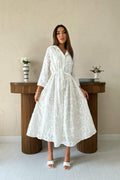 WHITE EMBROIDERED MAXI DRESS WITH WAIST TIE