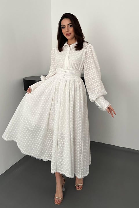 WHITE EMBROIDERED BELTED MAXI DRESS
