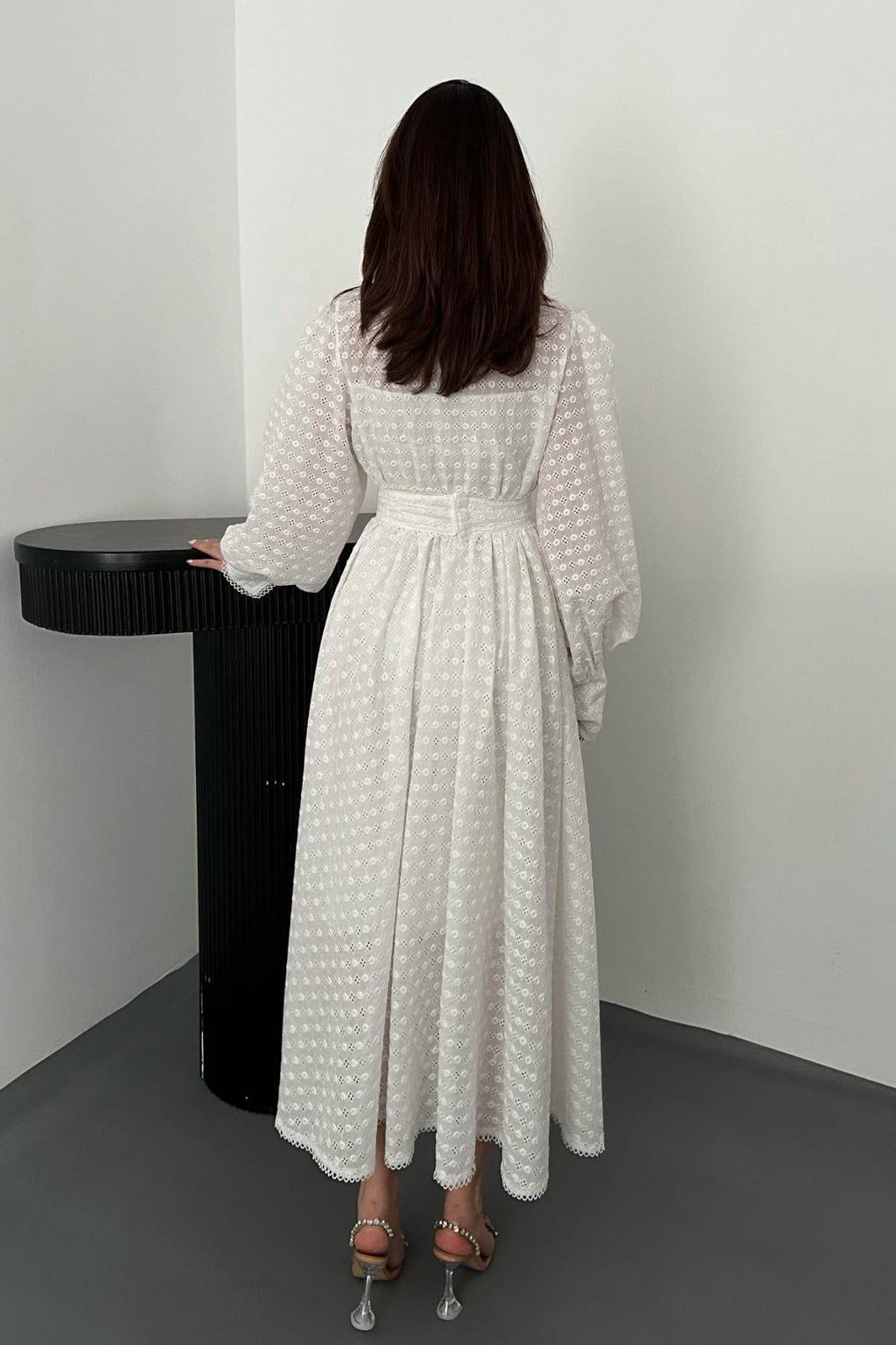 WHITE EMBROIDERED BELTED MAXI DRESS