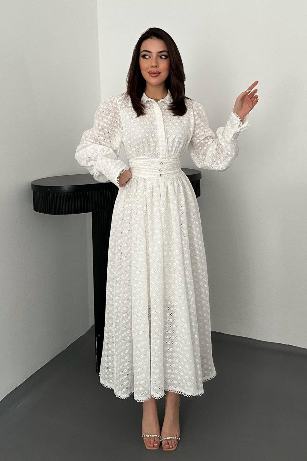 WHITE EMBROIDERED BELTED MAXI DRESS